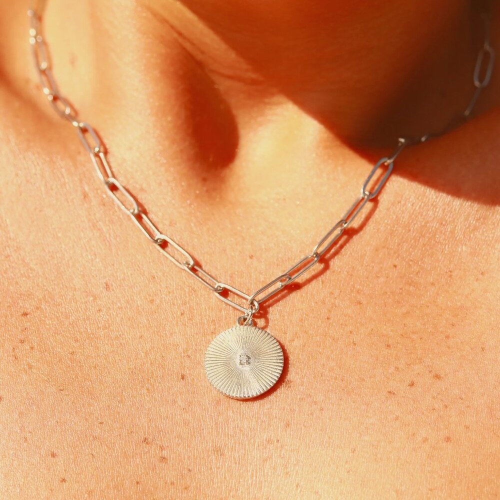 Gold Medallion necklace Sun burst, sweatproof will not tarnish, Paperclip Chain